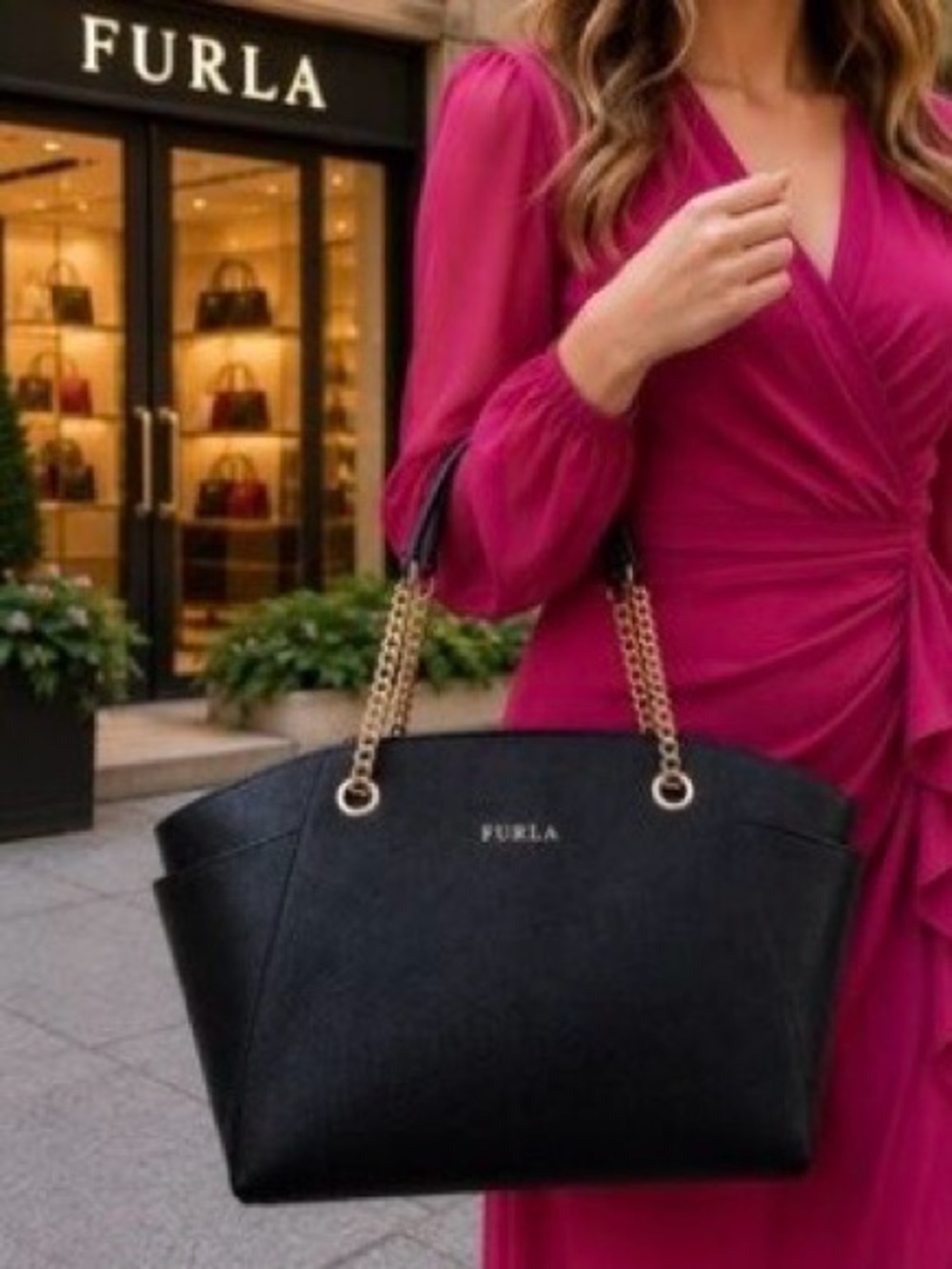 Furla Black Saffiano Leather Julia Tulip Tote with Gold Chain Straps